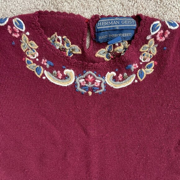 Vintage 90’s Herman Geist Wool Sweater Hand Embroidered Floral Women’s Small - Picture 5 of 9